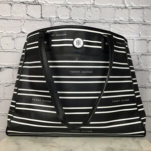 Tommy Hilfiger Women’s Shoulder Bag Black & White Stripe Large Tote Travel Bag